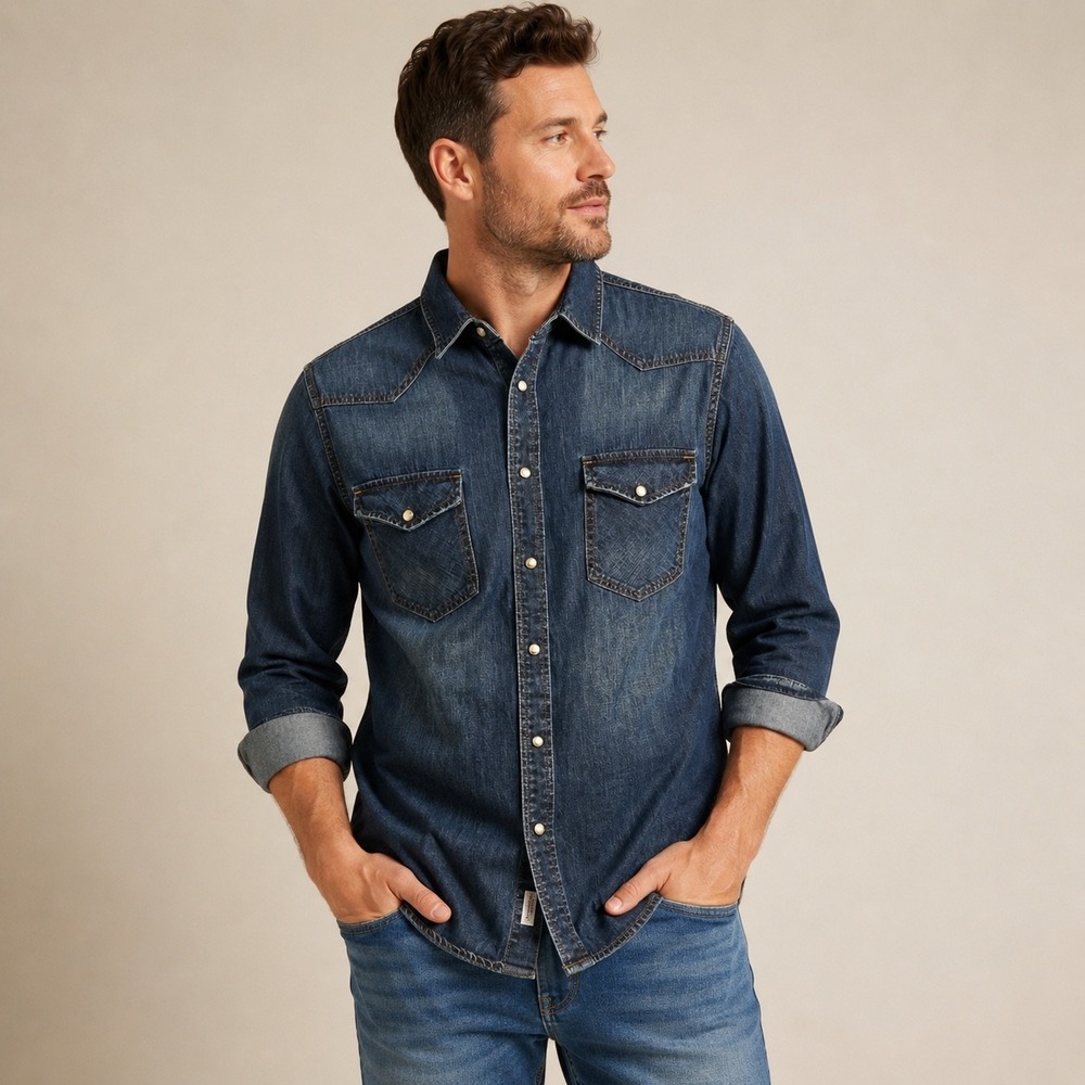 Old Navy Vintage Fit Denim Western Faux Pearl Snap Shirt Blue Mens Large Cotton